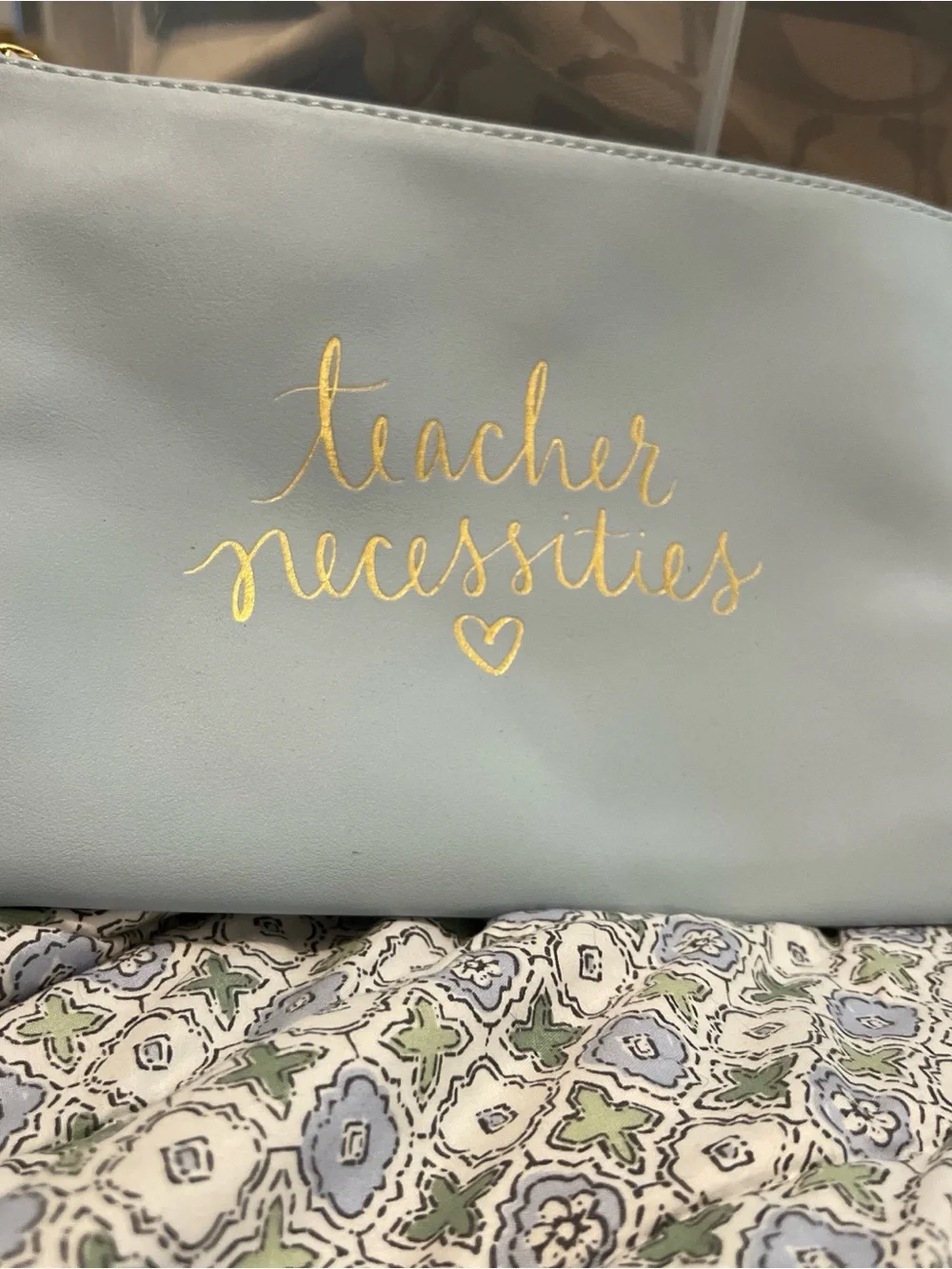 Teacher Necessities Pouch - Light Blue with Gold Script